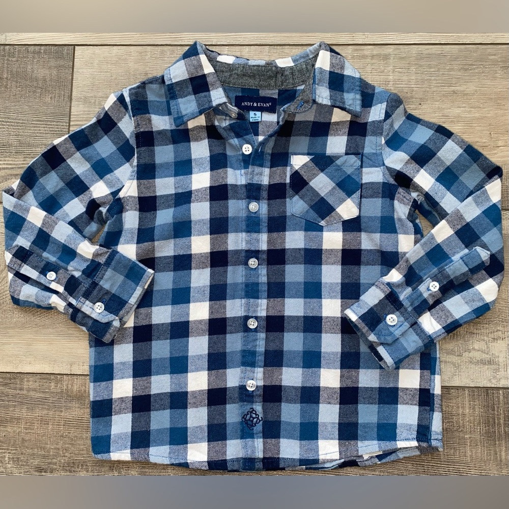 Andy & Evan White Navy Blue Flannel Plaid Button Down Long Sleeve Shirt Boy’s 5